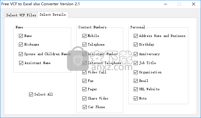 Free VCF to Excel xlsx Converter(VCF转Excel转换器)